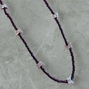 Handmade Black & Silver Beaded Butterfly Dainty Lightweight Necklace